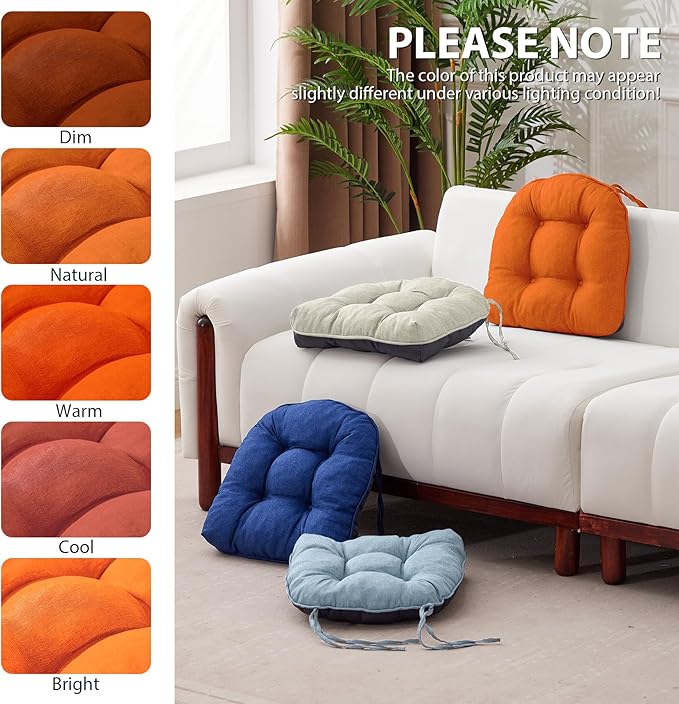 Chair Cushions for Dining Chairs, Seat Cushions for Kitchen Chairs, Indoor Seat Cushions with Ties, Tufted Foam Chair Pads, Non Slip Chair Cushions Set of 4, 15.5" x 15.5" x 4", Orange