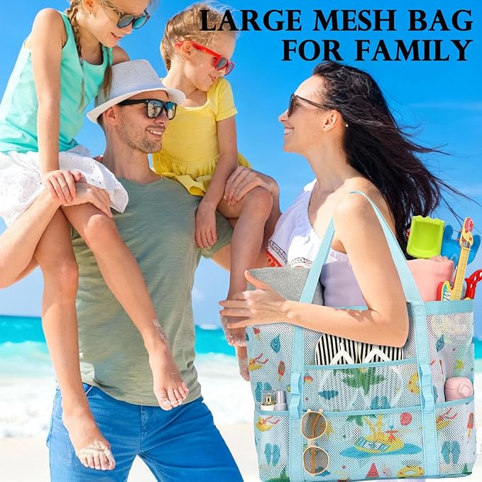Fammart Mesh Beach Bag, Large Beach Tote with Zipper Pocket, Toys Pool Bag for Family Travel Vacation Cruise Essentials