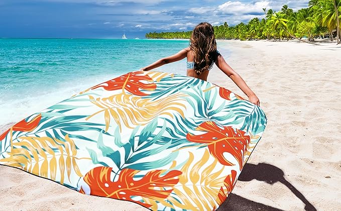 Beach Blanket Sandproof Extra Large Beach Mat Adults Waterproof Quick Drying Sand Free Mat Made by Premium Polyester with 4 Stakes & 4 Corner Pockets for Outdoor Travel Camping Hiking