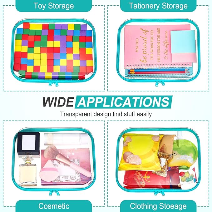 Sanwuta 6 Pcs Clear Hard Zipper Case Plastic Zipper Pouches Transparent Makeup Bag Pencil Case Pouches Toiletry Diaper Bag for Travel Toy Storage Organizer Bins(Teal,9.84 x 7.87 x 2 Inch)