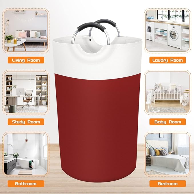 BlissTotes 90L Laundry Basket, Freestanding Laundry Hamper, Collapsible Dirty Clothes Hamper, Waterproof Fabric with Foam Protected Aluminum Handles for College, Dorm, Family (Red)