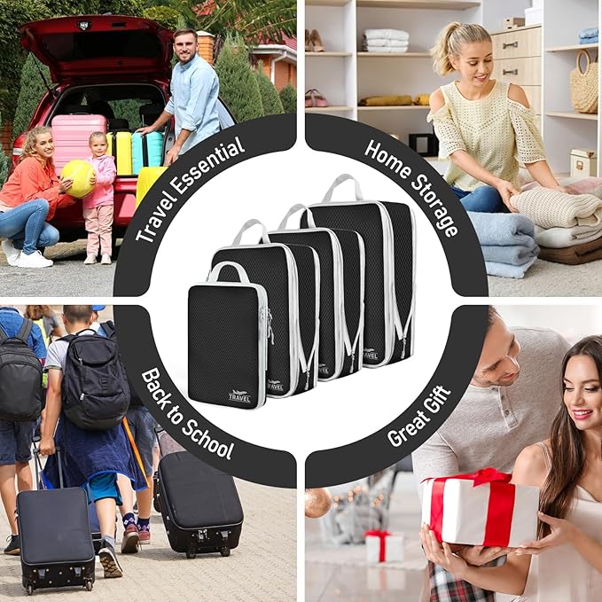 4 Set Compression Packing Cubes, Suitcase Organizer, Lightweight Travel Essentials, Compression Bags For Travel Accessories Luggage Storage Set (4 Pcs, Black)