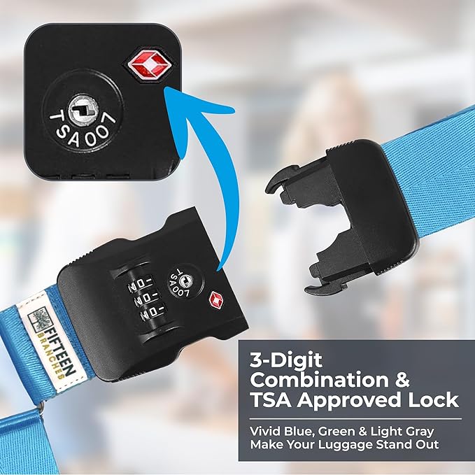 Nylon Luggage Straps for Suitcases | TSA Approved Adjustable Strap w/ 3-Digit Combo Lock | Heavy Duty Belt for 20-32 Inch Suitcases | Travel Luggage Belt Strap for Easy Identification (Neon Blue)