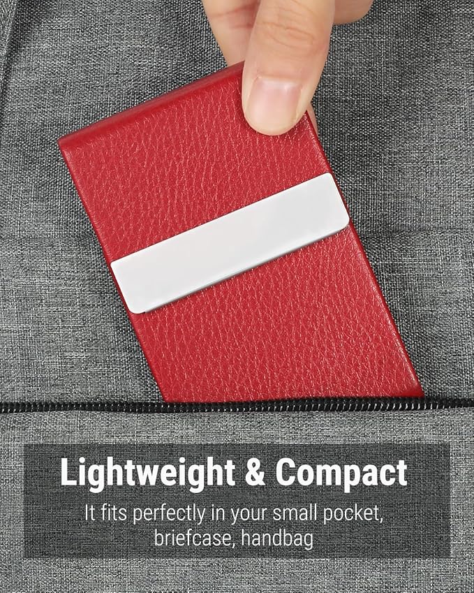 MaxGear Business Card Holder, Slim PU Leather & Stainless Steel Business Card Case for Men & Women, RFID Blocking Name Card Holder with Magnetic Closure, Red