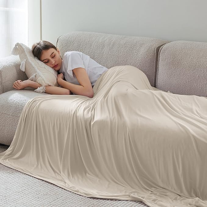 Bedsure Beige Cooling Blanket Queen Size for Hot Sleepers - Summer Cold Blanket for Queen Size Bed with Rayon Derived from Bamboo, Ice Cool Cold Arc-Chill Thin Summer Bedding Essentials, 90x90