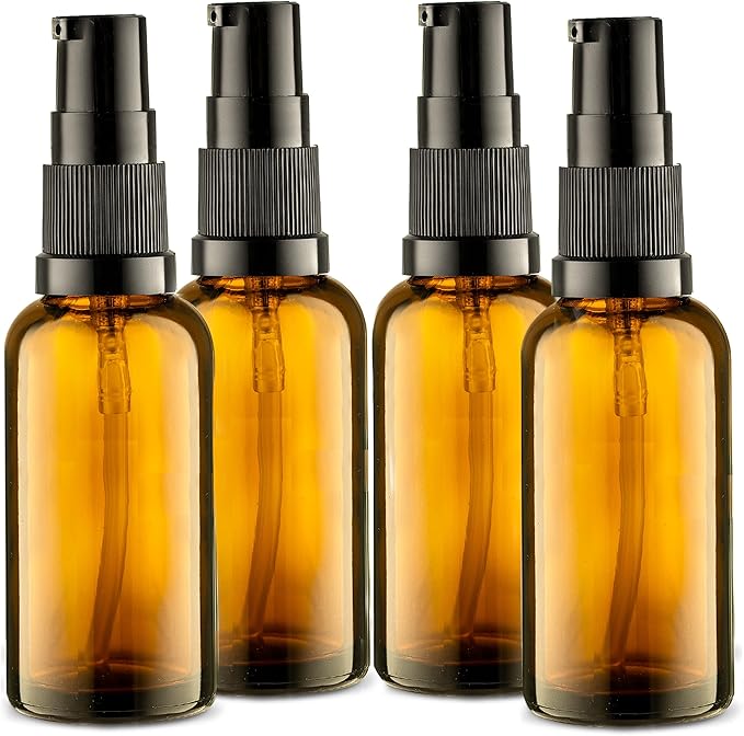 Empty Refillable Glass Amber Pump Bottle Ideal for Lotion Cream Essential Oil Travel Small Container - 4Pack (50ml)