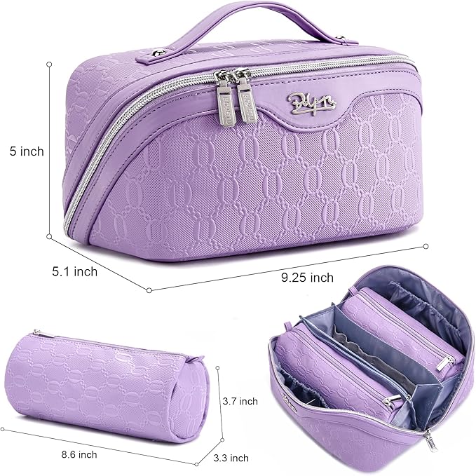 BOYATU Travel Makeup Bag for Women: Cosmetic Organizer Bag with Compartments - Leather Make up Bags Set of 3 (G-1-Purple)