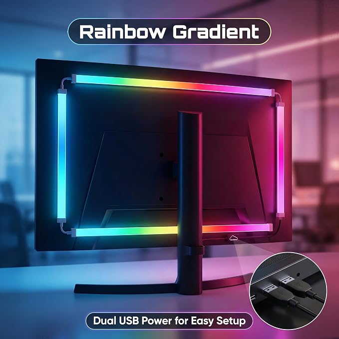 RGB Monitor Backlight with Screen Sync, Dual USB Powered Ambient Lighting Kit for 27 Inch Gaming Monitors, Music Mode, Immersive Dynamic LED Strip Lights for PC Setup (4 Sides - 27 inch)