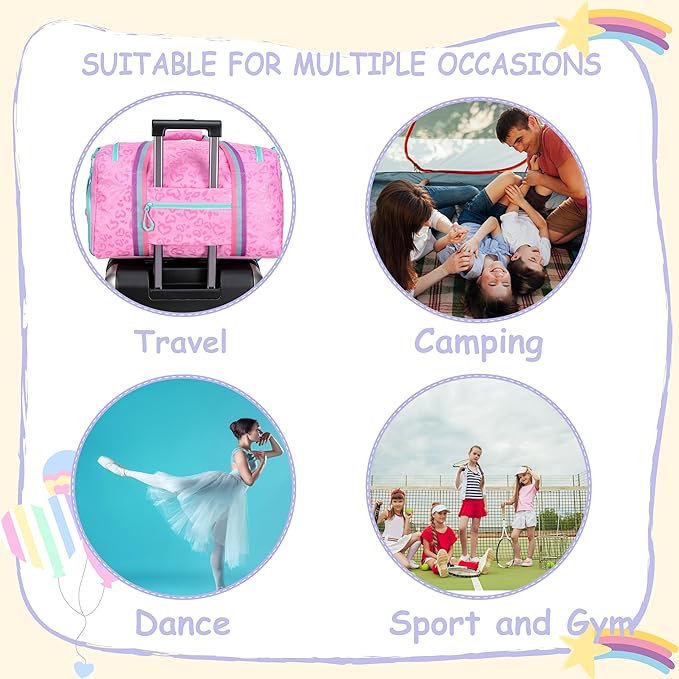 Kids Duffle Bag Girls Women Travel Bag Gifts Overnight Bags for Girls Women Tote Sleepover Gym Dance Bags for Kids with Shoes Compartment