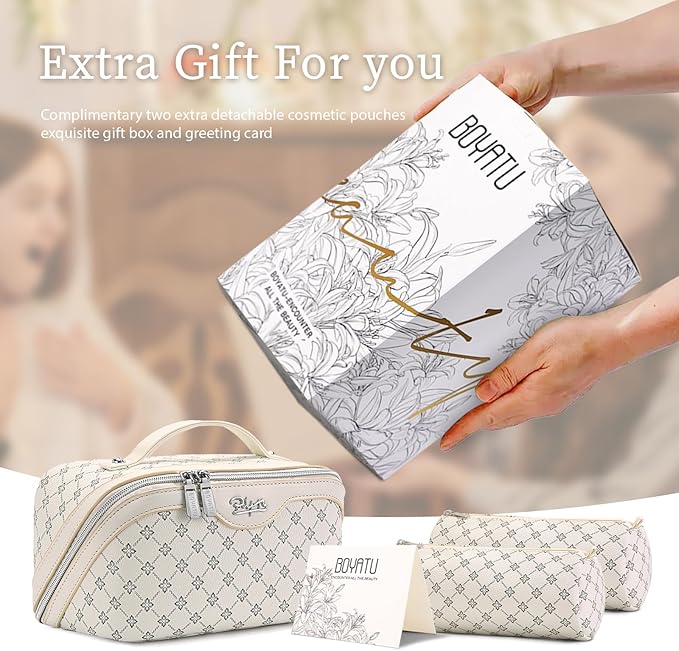 BOYATU Travel Makeup Bag Cosmetic Bags for Women: 3 Pcs Set Large Capacity Make up Bag with Handle - Vegan Leather Toiletry Bags with Compartments - Makeup Organizer for Travel Essentials(A-8-White)