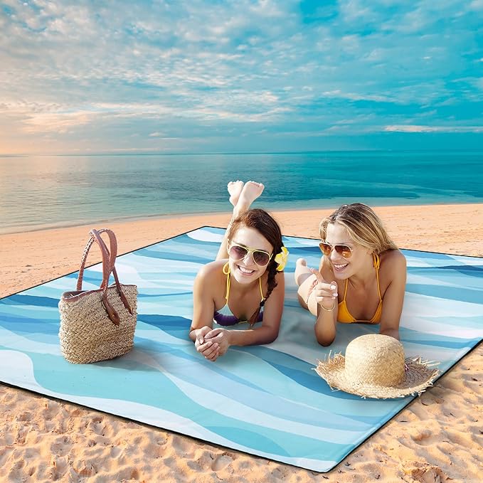 Beach Blanket Waterproof Sandproof Beach Mat for 1-8 Adults Quick Drying Durable Outdoor Picnic Mat for Beach Festival Travel Camping Hiking (Ocean Wave-Multi Blue, 79"×83"(4 Person))