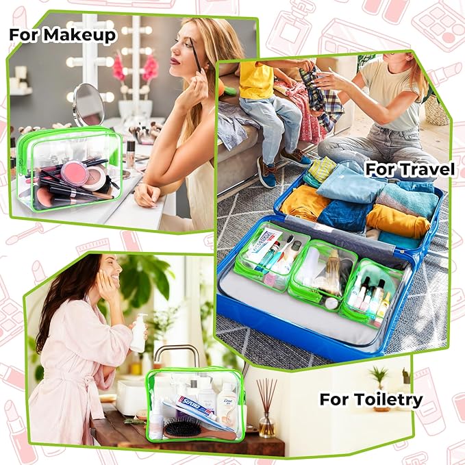6 Pieces Clear Makeup Bags Bulk TSA Approved Toiletry Bag for Travel PVC Waterproof Clear Cosmetic Pouch with Zipper for Men and Women Carry-on Travel Essentials (Green)