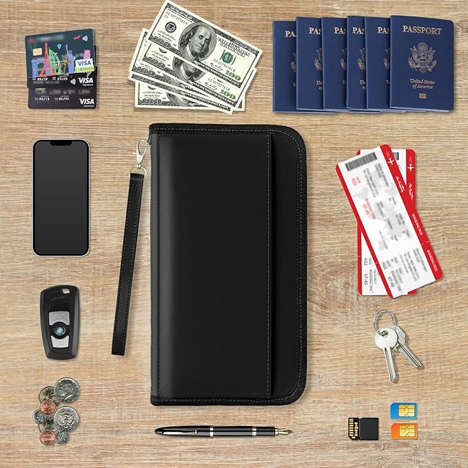 GOAUS Passport Holder with AirTag Slot, PU Leather Travel Document Organizer, Multiple RFID Blocking Wallet for Family of 4 to 6 Black