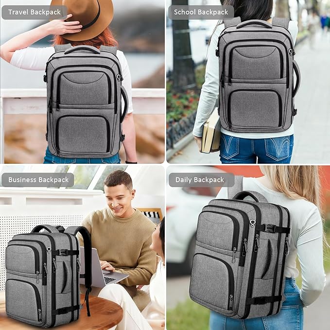 Travel Backpack for Men, Expanable Carry on Backpack, TSA 17.3 inch Laptop Bag Flight Approved, Lightweight Business Luggage Bag, Travel Gifts for Men Women, Grey