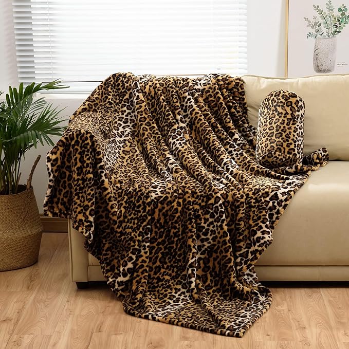 Bnuitland Leopard Print Flannel Blanket, Large Size 90x90 Inches with Storage Pouch for Bed Couch Travel, 300 GSM Double Sided Cheetah Print Super Soft Fuzzy Fluffy Fleece Blanket for Adults
