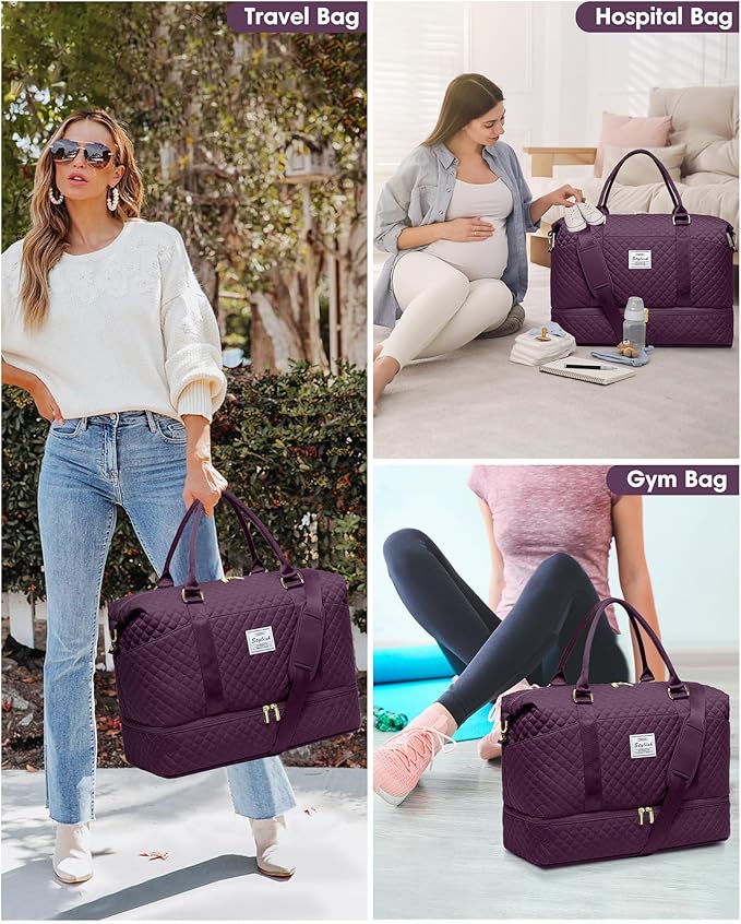 Women Weekender Travel Duffle Bag: Travel Duffel Overnight Bags with Shoe Compartment Carry on Tote Bag Toiletry Bag Weekend Yoga Gym Hospital Bags for Labor and Delivery with Wet Pocket Dark Purple
