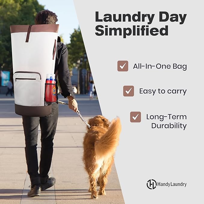Handy Laundry Extra Large Laundry Bag Backpack – Heavy Duty, Water-Resistant, Adjustable Straps, Drawstring Closure, 3-4 Load Capacity, Pockets for College Dorm, Travel, Apartment Essentials, Beige