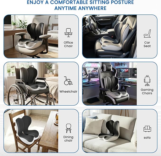 Seat Cushion, Memory Foam Car Seat Cushion with L-Shaped Ergonomic Design, Tailbone Pain & Sciatica Pain Relief Cushion for Office Chair, Car, Truck Drivers, Long Work Sessions and Wheelchair