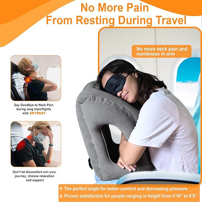 Skyrest®️ Inflatable Travel Pillow for Cars, Air Pillow for Sleeping to Avoid Neck and Shoulder Pain, Comfortably Support Head, Neck and Lumbar, Pillows for Airplanes Buses Cars Office (Grey)