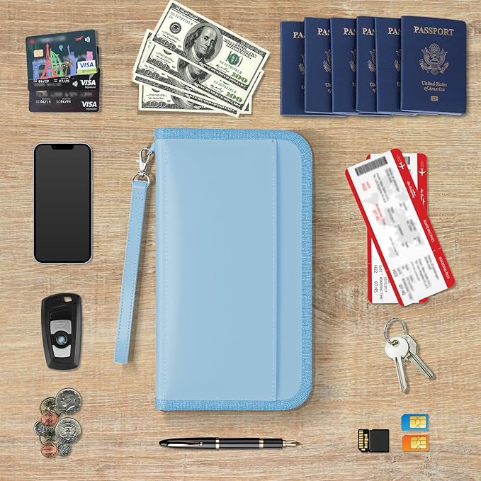 GOAUS Passport Holder with AirTag Slot, PU Leather Travel Document Organizer, Multiple RFID Blocking Wallet for Family of 4 to 6 Blue