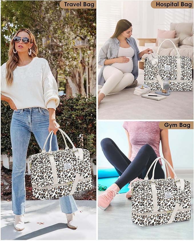 Travel Overnight Bag Weekender Bags: Large Duffle Bag Women with Shoe Compartment Carry on Overnight Bags with Toiletry Bag Gym Duffel Bag with Wet Pocket Hospital Bags for Labor and Delivery Leopard