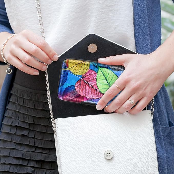Mayski Credit Card Holder, RFID Blocking, Aluminum Alloy Hard Case, Small Mini Business Metal Wallet for Women Men, Colorful Leaves