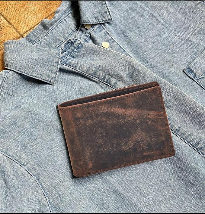 Real Leather Mens Bifold Wallet RFID Blocking Slim Minimalist Front Pocket - Thin & Stylish with ID Window in Gift Box (Crazy Horse, Cognac). | RFID Blocking, Slim, Minimalist, Front Pocket, Thin, Stylish