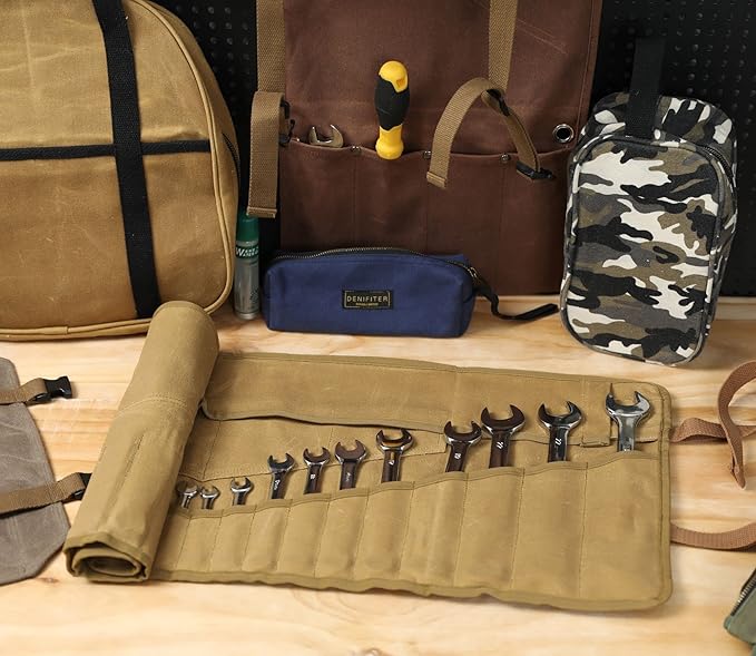Denifiter 20+4 Pockets Roll Up Pouch, Hand Tool Roll Bag, Durable 16OZ Waxed Canvas Wrench Roll for Metric or SAE (Khaki)
