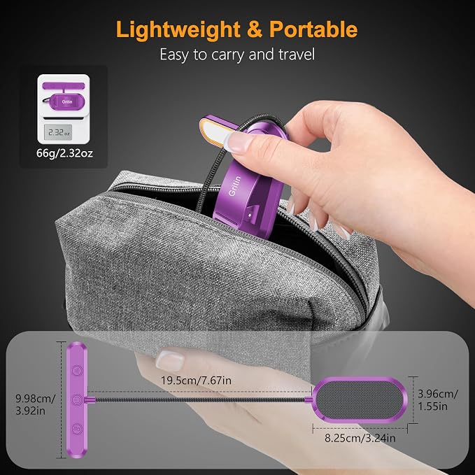 Gritin Rechargeable Book Light for Reading in Bed with 19 LED | Eye Caring 3 Color Temps, 5 Brightness Levels, Memory Function, 90 Hrs Runtime Flexible Goose Neck Clip on Light-Dark Purple