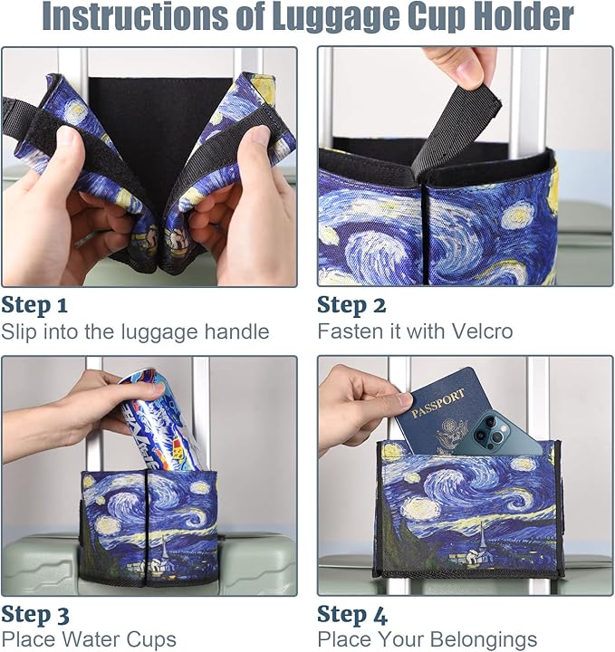 ACdream Luggage Cup Holder, Suitcase Drink Carrier, Free Hand Portable Water and Coffee Caddy Attachment, Flight Attendant Gift Gadgets, Airport Travel Accessories for Airplane, Starry Night