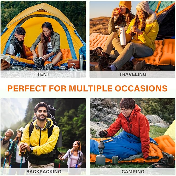 Camping Sleeping Pad, Ultralight Camping Mat with Pillow Built-in Foot Pump & Pillow, Upgraded Compact Camping Air Mattress for Tent, Backpacking-Orange