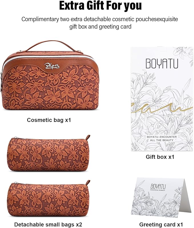 BOYATU Travel Makeup Bag Cosmetic Bags for Women: Large Capacity 3 Pcs Set Make up Bag with Compartments - Waterproof Vegan Leather Toiletry Organizer Bags with Handle (Z-61Brown)