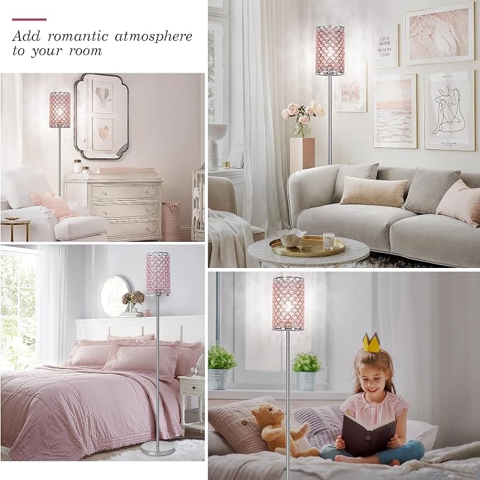 Crystal Floor Lamp, Silver Lamp with Pink Shade and Foot Switch | Elegant Standing Light, Tall Pole Girls Lamp for Living Room Bedroom Dresser Office, E26 Base