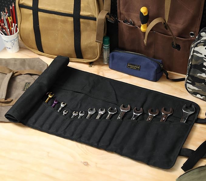 Denifiter Tool Bag, Heavy Duty Waxed Canvas Wrench Tool Roll Up Pouch, Multi-Purpose Small Hand Tools Organizer Holder with 24 Pockets (Black)