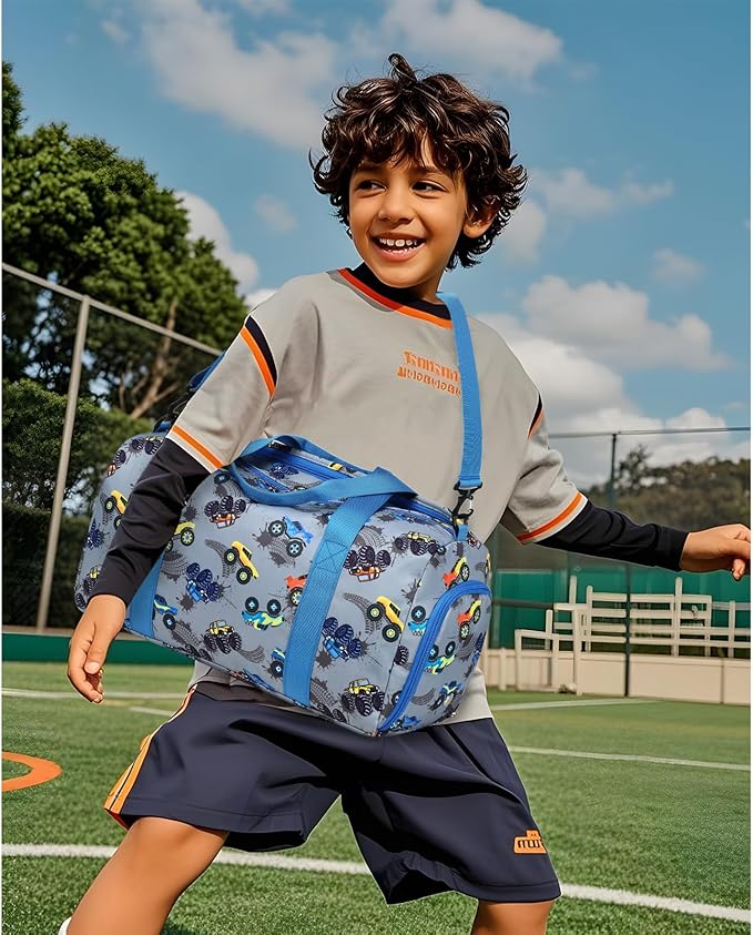 BTOOP Duffle Bag for Girls Kids Gym Sports Women Workout Travel Bag Weekender with Shoe Compartment and Wet Pocket (Truck-Blue)