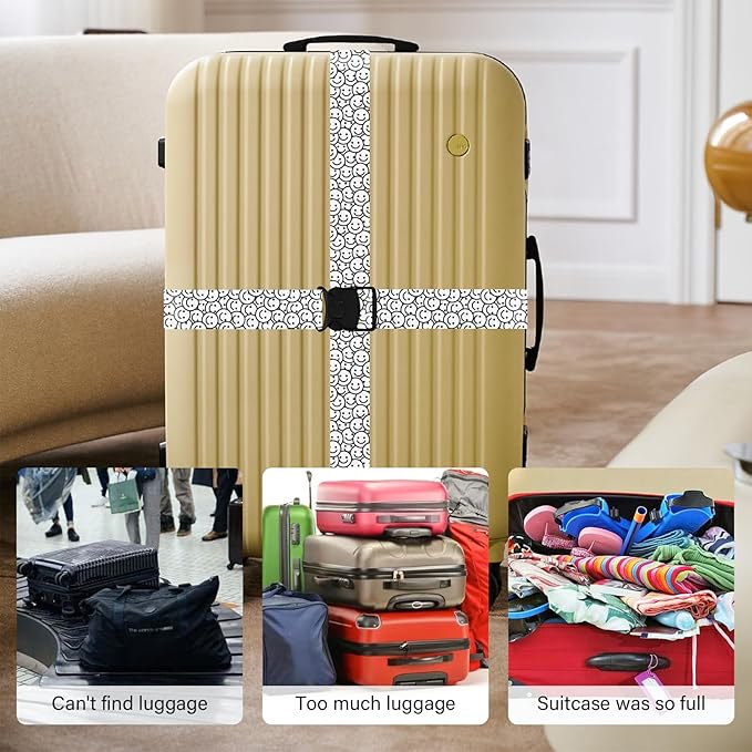 2 Pack Luggage Straps for Suitcases, Adjustable Travel Belt with Double Lock and Quick Release Buckle, Heavy Duty Nylon Bag Packing Strap, Bright Identifiers Business Travel Accessories-White Smiles