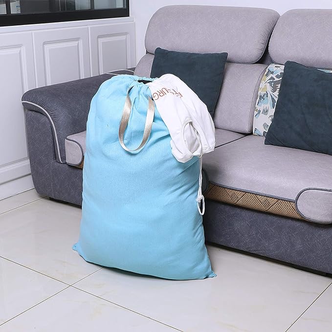 Heavy Duty Laundry Bag with Drawstring and Handle, Extra Large Travel Dirty Clothes Bag for Laundromat and Household, Durable Rip-Stop Laundry Hamper Liner, 28 x 40 Inch by SANFERGE, Light Blue