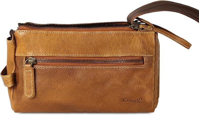 KomalC Premium Buffalo Leather Toiletry Bag for Men & Women With Water resistant Lining, Grooming Travel Pouch, Unisex Wash Bag for Toiletries, Gifts for Men and Women