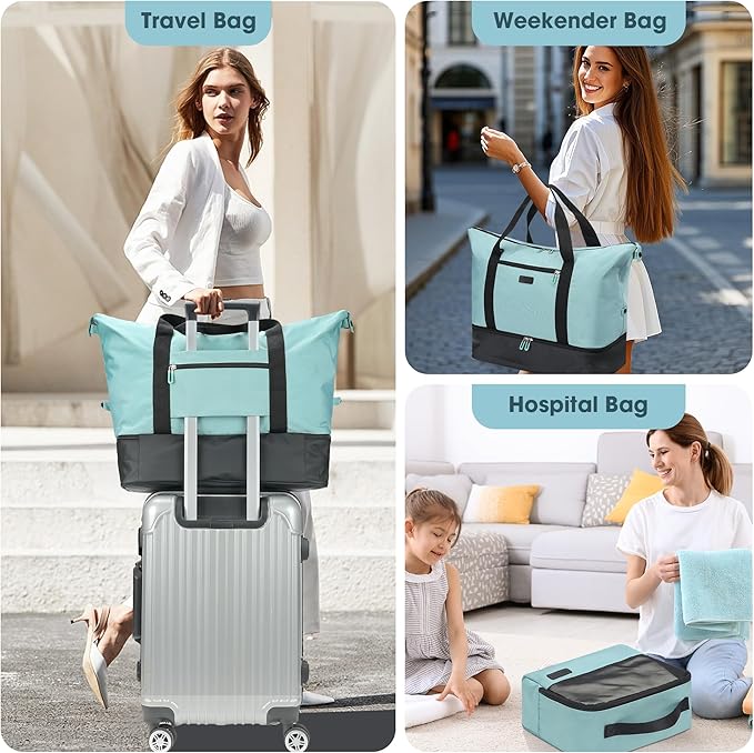 Oeihuivt Weekender Bags for Women - 21 Inch Large Travel Duffel Bag 2-Piece Set with Shoe Compartment, Heavy-Duty Canvas Leather Carry On Overnight Tote