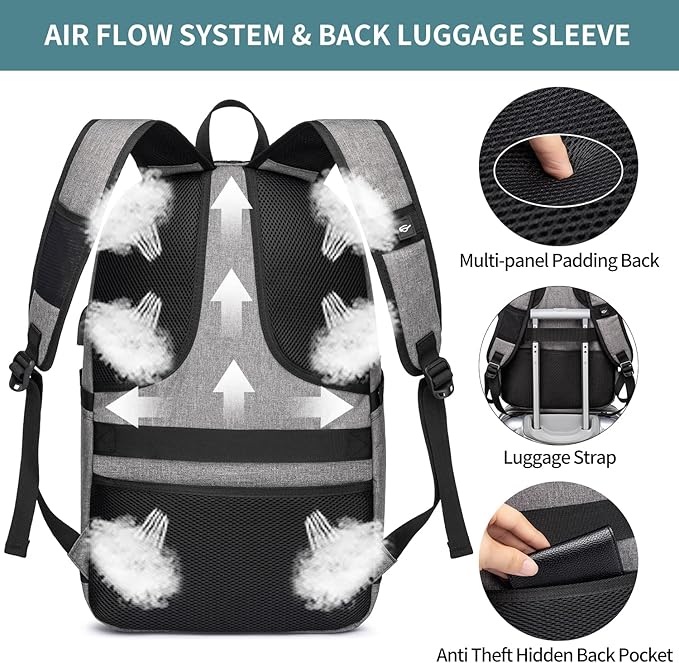 Large Travel Laptop Backpack Water Resistant Anti-Theft 17inch Laptop Bag with USB Charging Port and Lock,Big Business Backpack for Men and Women, Durable Big Capacity Heavy Duty Computer Bag,Grey