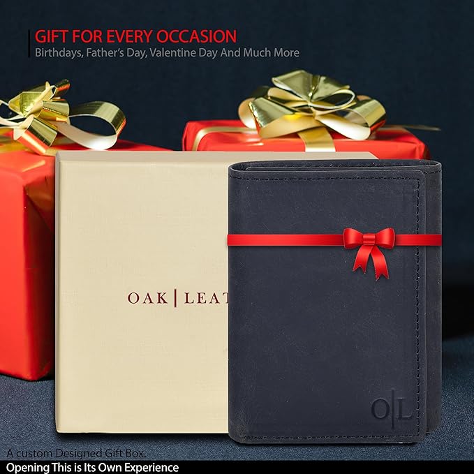 Real Leather Mens Trifold Wallet RFID Blocking Slim Minimalist Front Pocket - Thin & Stylish with ID Window in Gift Box