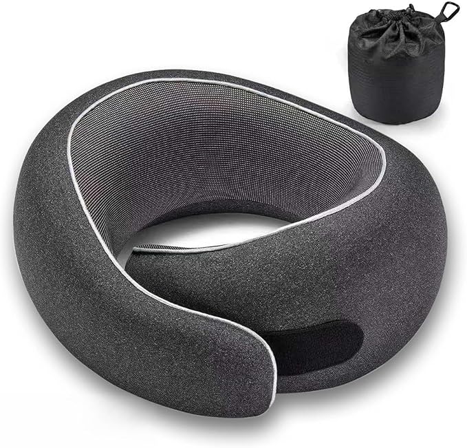 Travel Neck Pillow for Airplanes, Premium Memory Foam Neck Pillow with Ergonomic 360° Support, Travel Essentials for Plane, Car, Train and Home, Jet Black