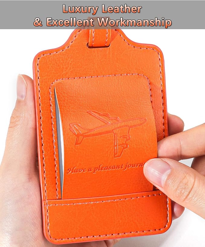 3 Pack Luggage Tags - Quick Install, Privacy Protection, Airplane Travel Essentials for Suitcases, Durable Leather - Orange