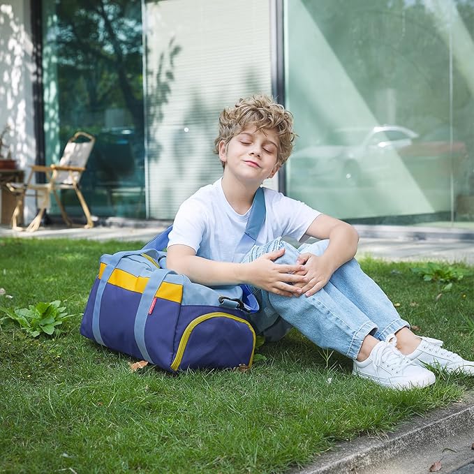 WOOMADA Kids Duffle Bag for Boys or Girls, Kids Overnight Bag with Shoe Compartment&Wet Pocket, Ideal for School Practice, Sports, Travel(sky blue)