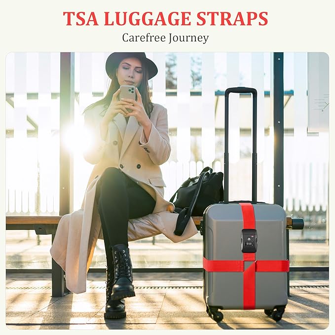Chelmon Luggage Straps TSA Approved for Suitcases with Luggage Lock, Heavy Duty Adjustable Buckle Belt Anti Burst, Bright Colors Easy to Identify