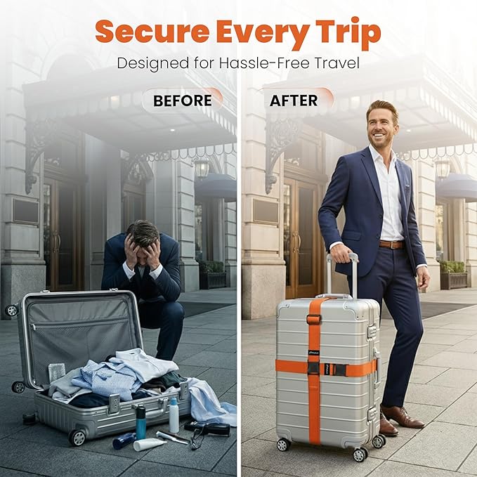 Luggage Straps for Suitcases, Adjustable Travel Suitcase Belts with Buckle Closure, Designed for Carry-On and Checked Luggage, Reusable Travel Accessory, Orange Pack of 2