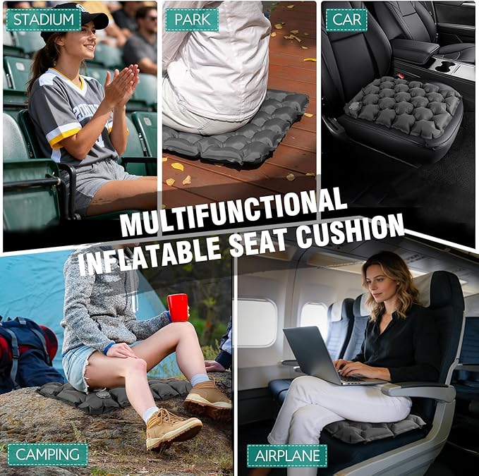 Inflatable Seat Cushion Portable Lightweight Stadium Seat Pad Travel Air Seat Cushion for Long Flights Camping Hiking Bleacher Airplane Stadium Office