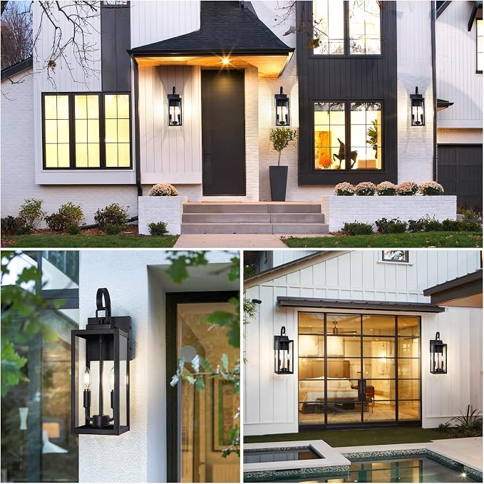 18" Large Outdoor Wall Light, 2-Light Black Exterior Sconce | Waterproof, Rust-Resistant, Durable Metal with Clear Glass, Standard E12 Socket, Easy to Install