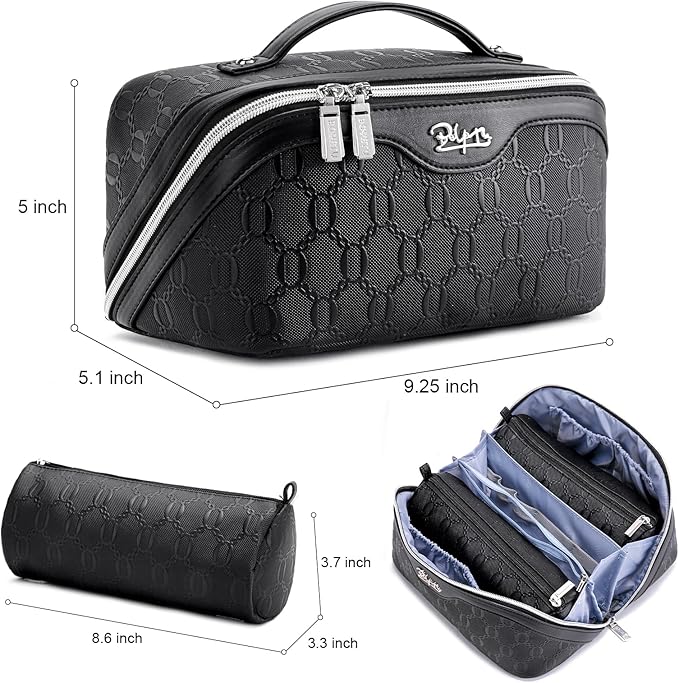 BOYATU Travel Makeup Bag for Women: Cosmetic Organizer Bag with Compartments - Leather Make up Bags Set of 3 (G-4-Black)