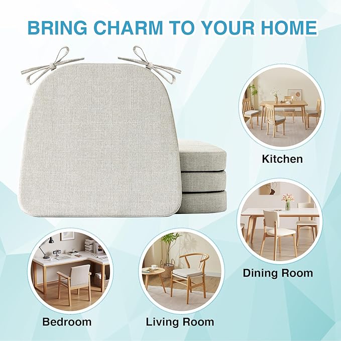 Chair Cushions for Dining Chairs Set of 4, Non Slip Kitchen Chair Pads, 17" x 16" x 2", Indoor Dining Chair Cushions with Ties, D-Shaped Seat Cushions for Kitchen Chairs, Beige
